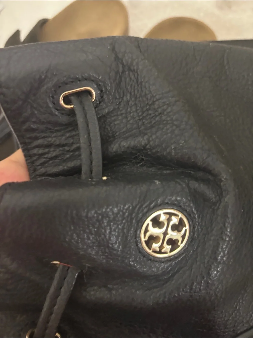 Tory Burch Black Leather Drawstring Shoulder Bag with Gold Logo